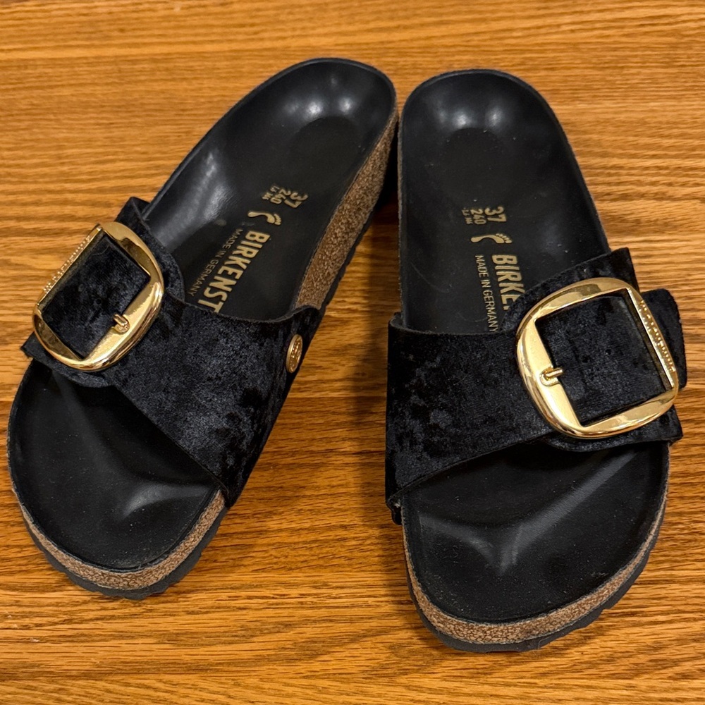 Birkenstock Black Velvet Madrid-Style Cork Footbed Sandals with Gold Buckles
